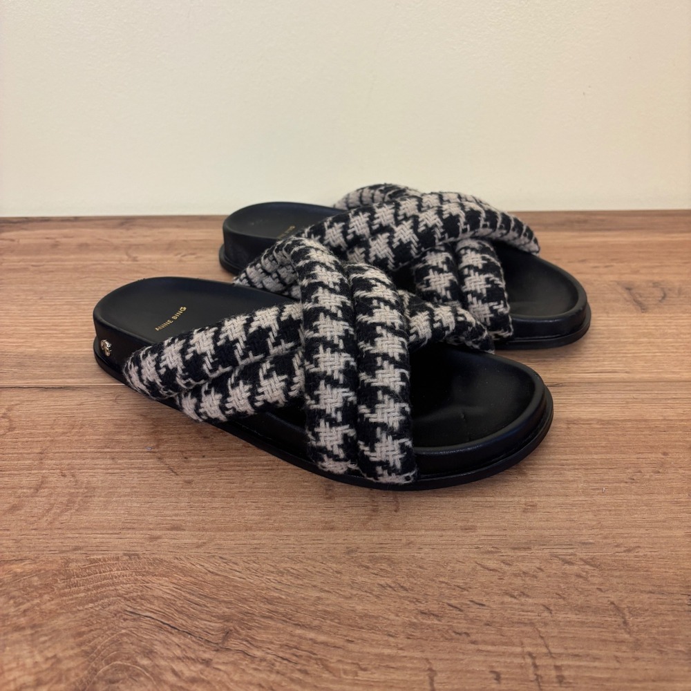 ANINE BING Lizzie Slide Sandals Houndstooth Size 37 Casual Summer Tweed Puffy